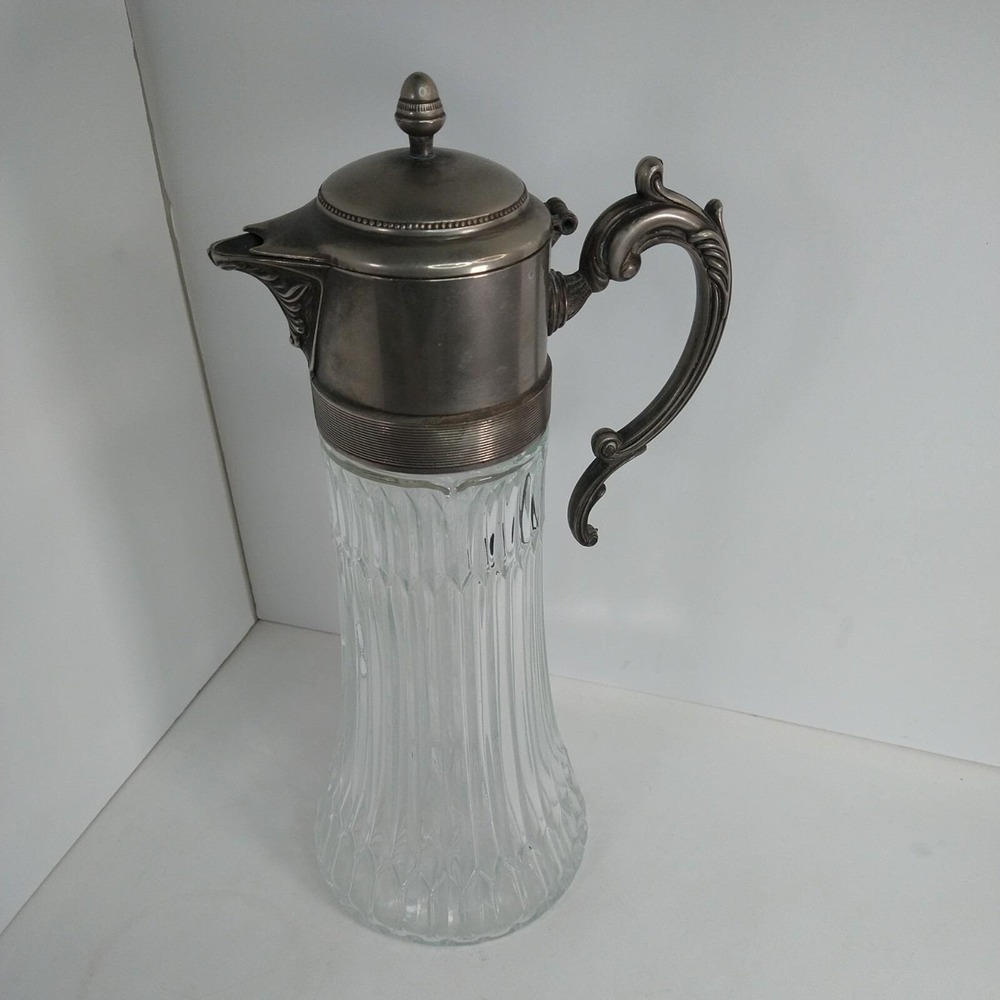 Antique Glass & Silver Plated Claret Jug Pitcher Decanter With Ice Insert